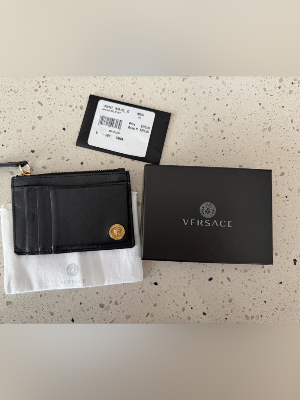 Versace Black Leather Card Holder with Gold Medusa Accent